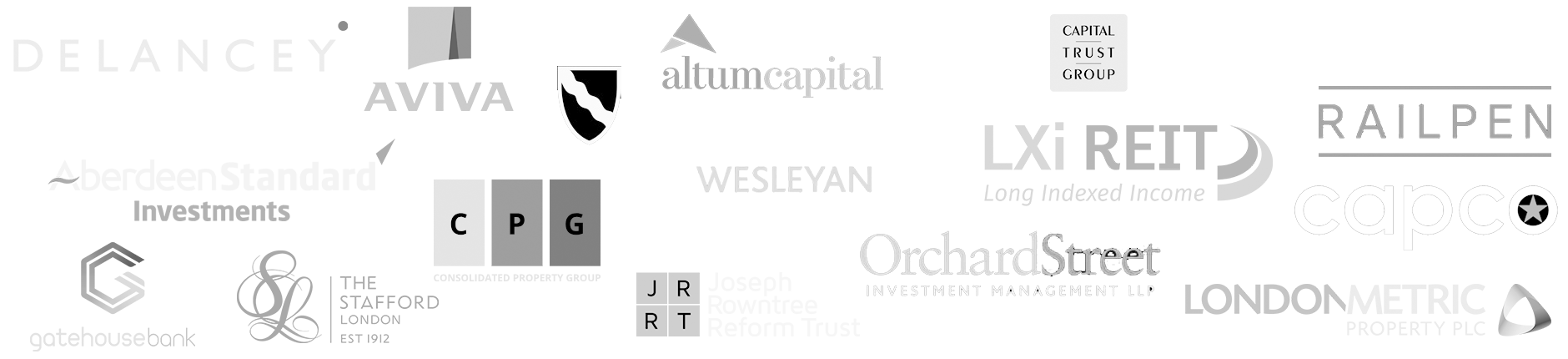 Clients including Delancey, Aviva Investors, Altum Capital, Capital Trust Group, LXi REIT, Railpen, Aberdeen Standard Investments, Consolidated Property Group, Wesleyan, Capco, Orchard Street Investment Management, LondonMetric Property, Gatehouse Bank, The Stafford London and the Joseph Rowntree Reform Trust