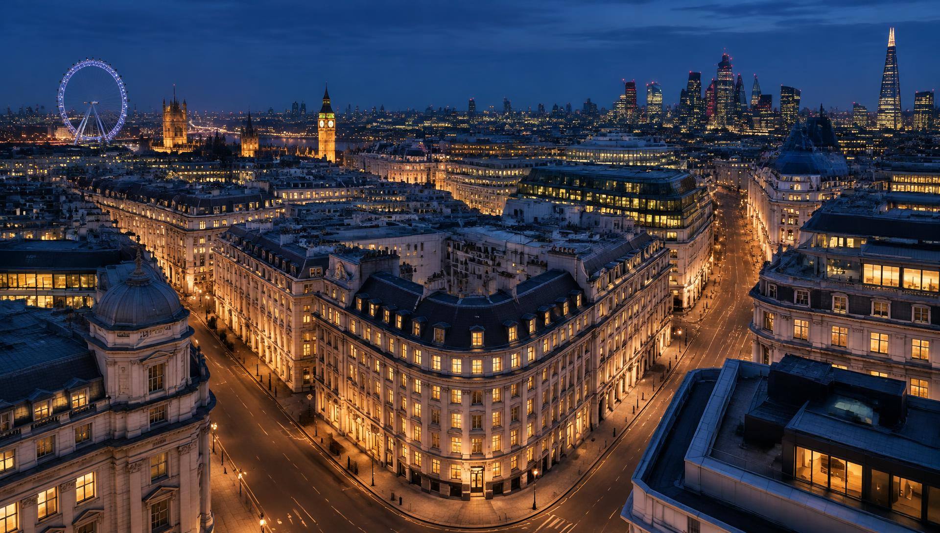 Central London West End commercial property at dusk